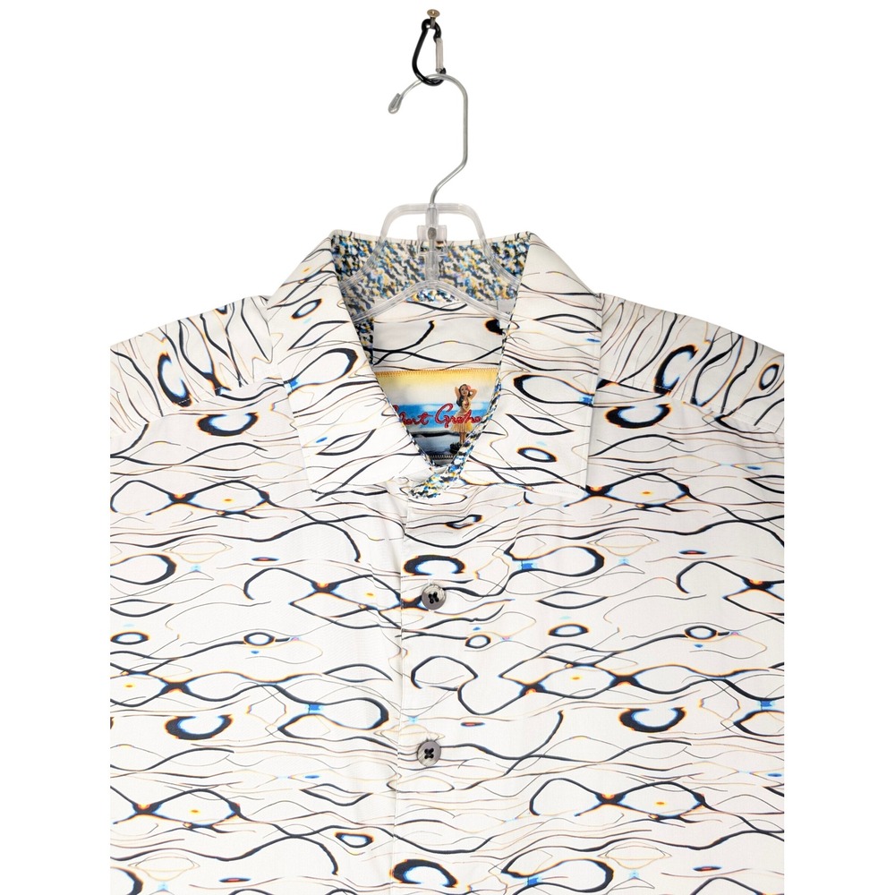 Robert Graham Button Down Shirt Mens XL White Abstract Print Short Sleeve Cotton